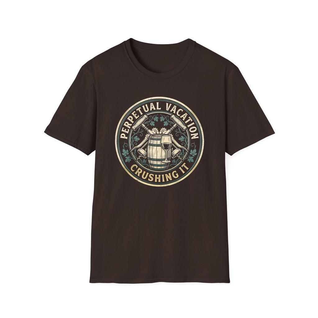 Perpetual Vacation T-Shirt — 'Crushing It' Vintage Barrel & Wine Graphic