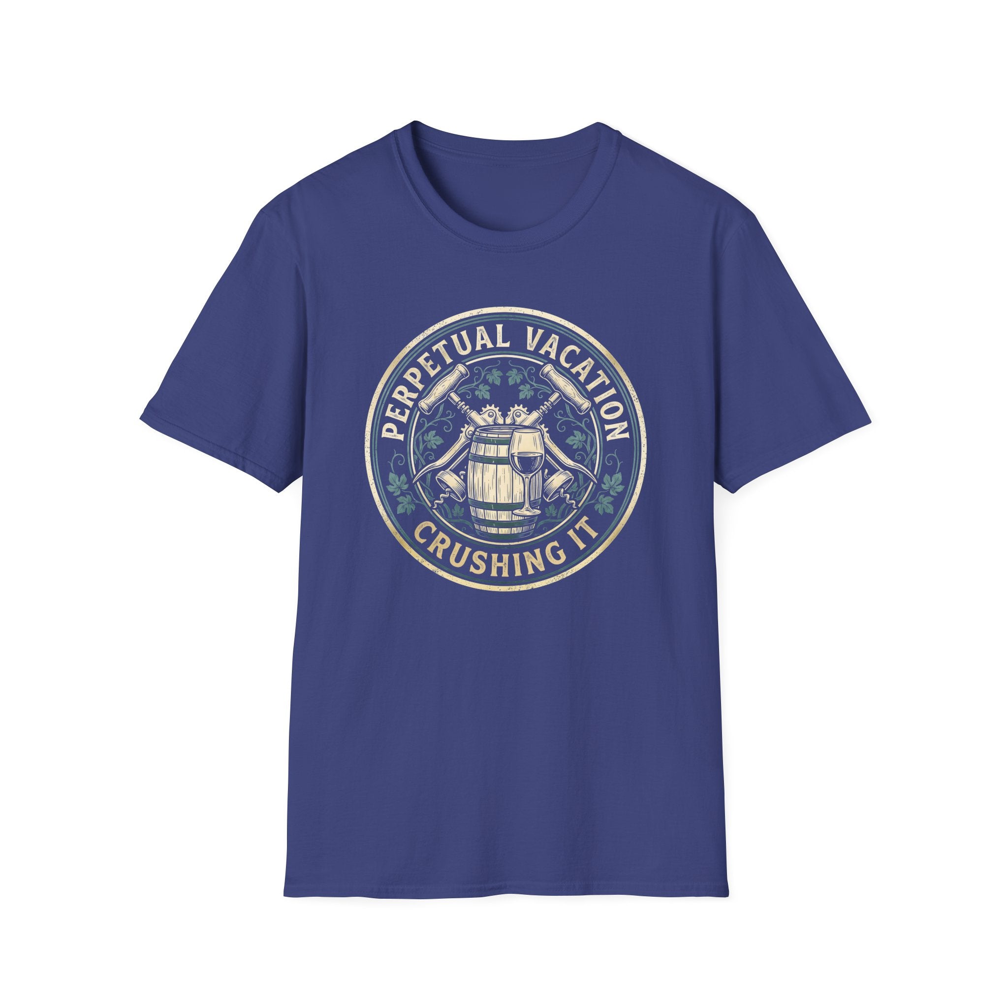 Perpetual Vacation T-Shirt — 'Crushing It' Vintage Barrel & Wine Graphic