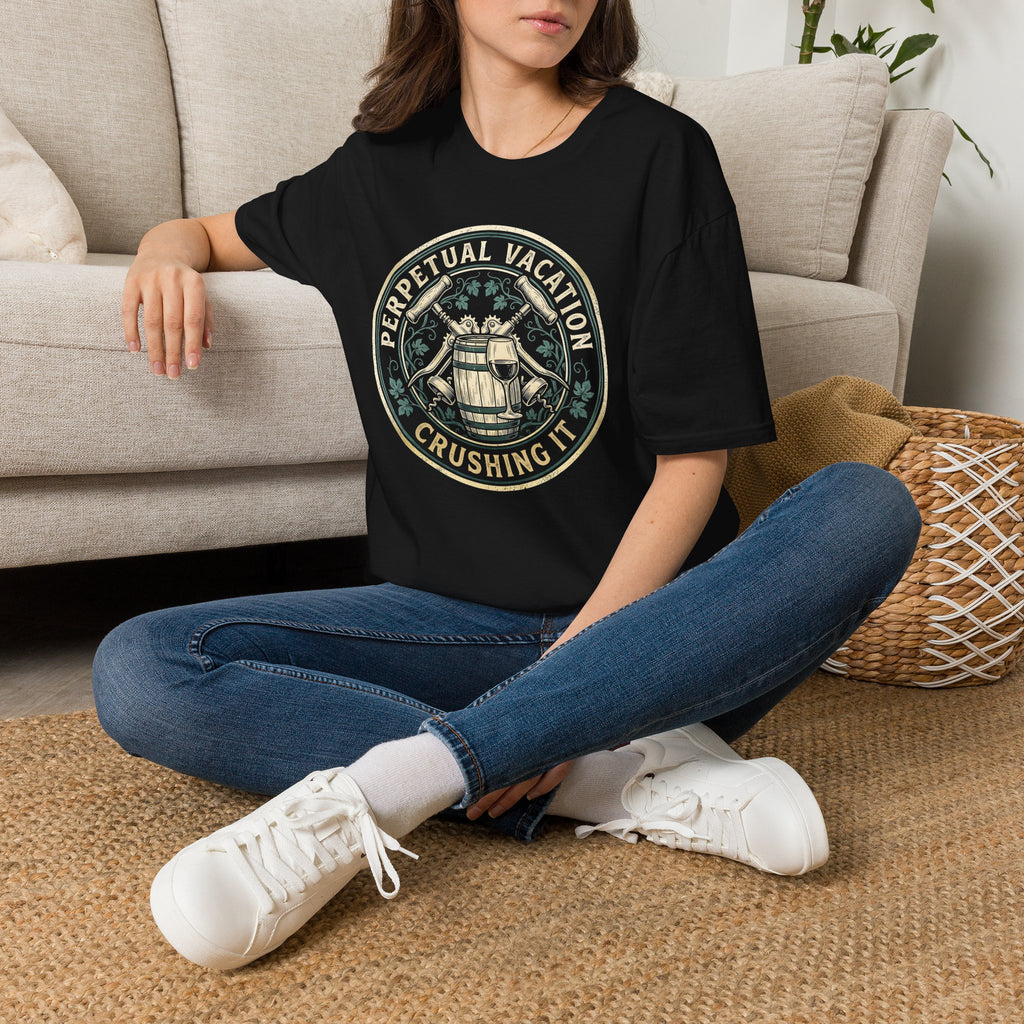 Perpetual Vacation T-Shirt — 'Crushing It' Vintage Barrel & Wine Graphic