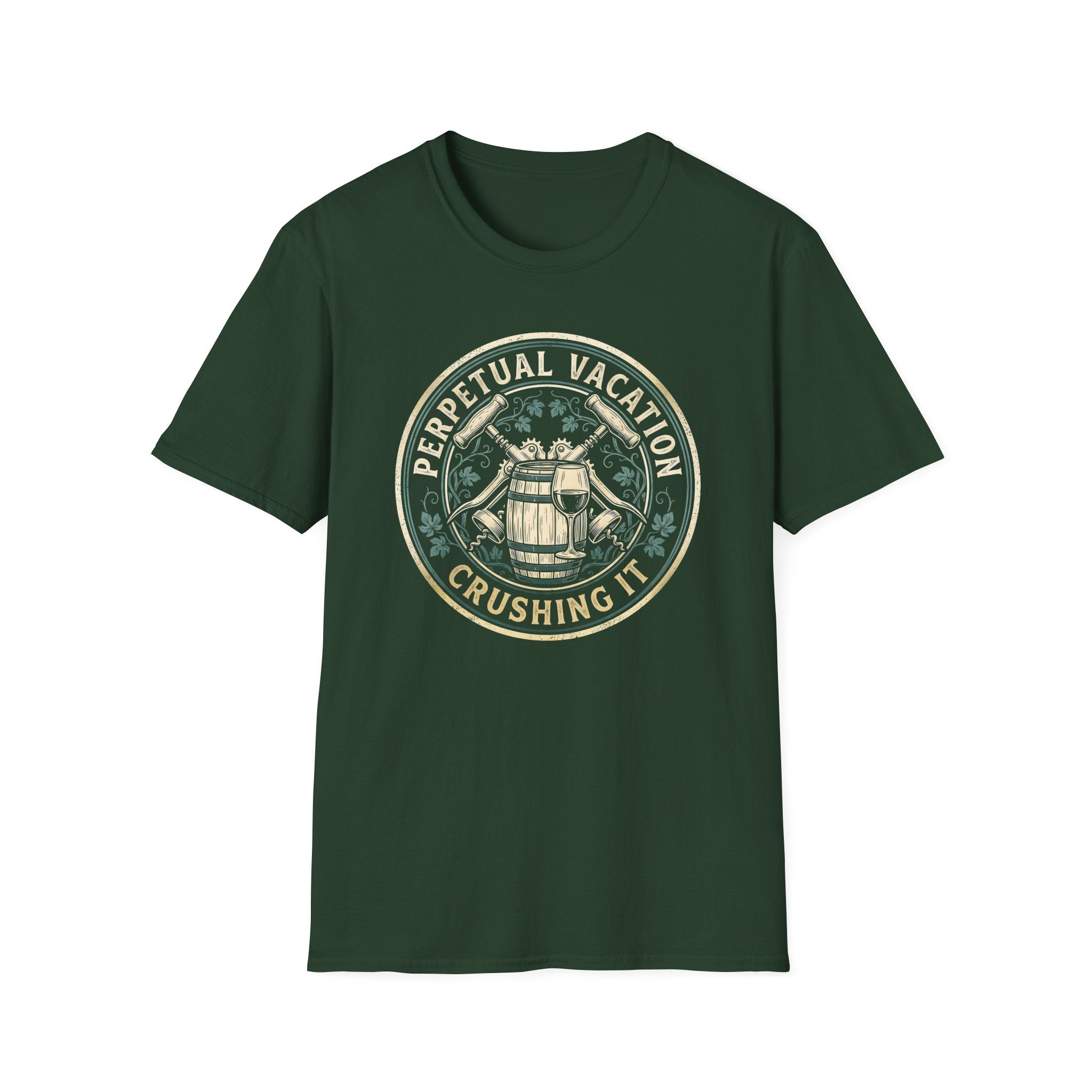 Perpetual Vacation T-Shirt — 'Crushing It' Vintage Barrel & Wine Graphic