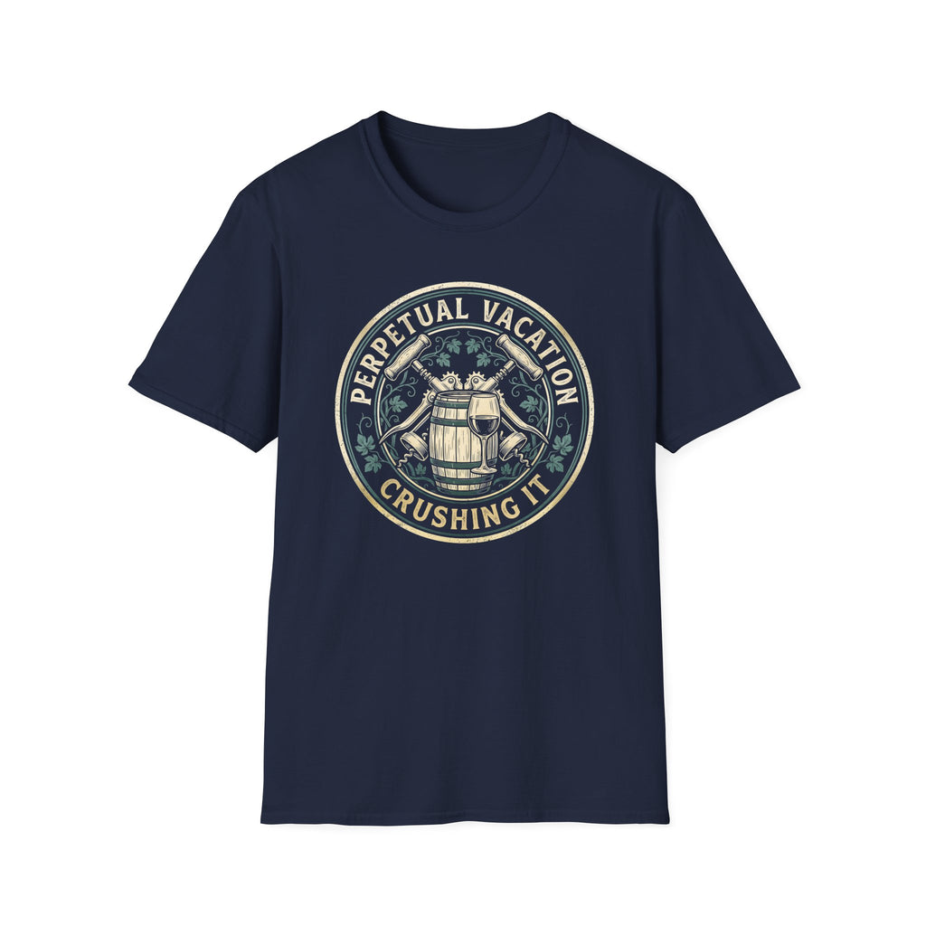 Perpetual Vacation T-Shirt — 'Crushing It' Vintage Barrel & Wine Graphic