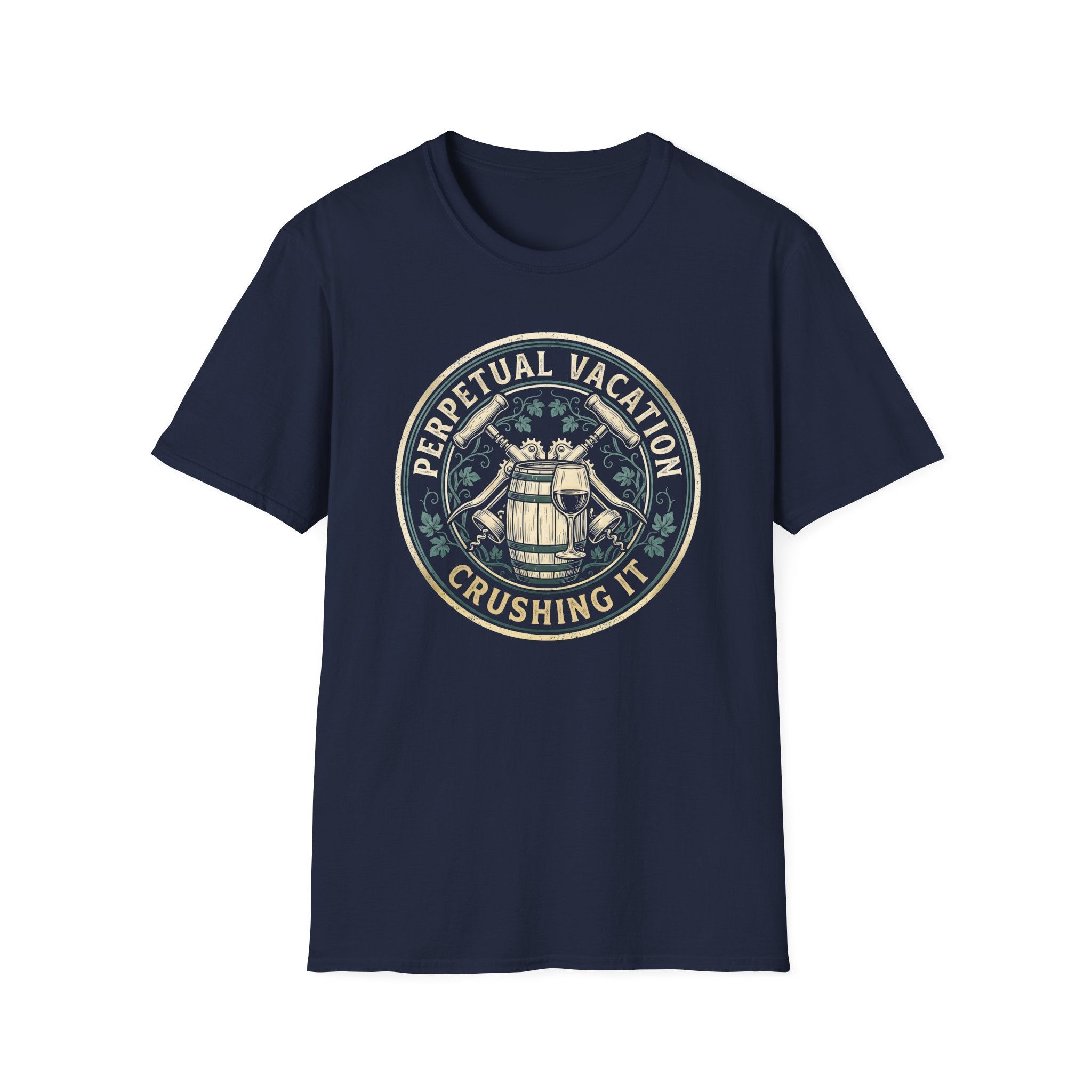 Perpetual Vacation T-Shirt — 'Crushing It' Vintage Barrel & Wine Graphic