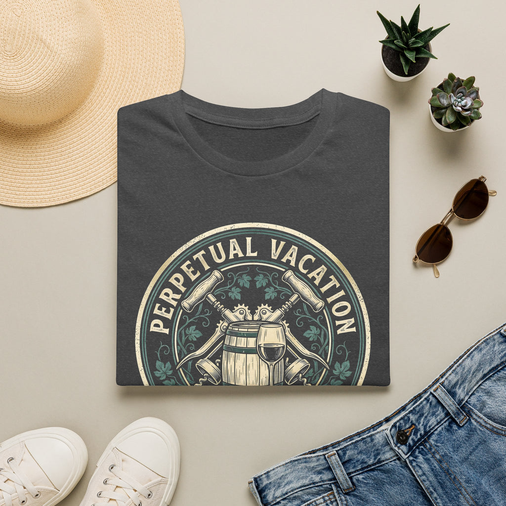 Perpetual Vacation T-Shirt — 'Crushing It' Vintage Barrel & Wine Graphic