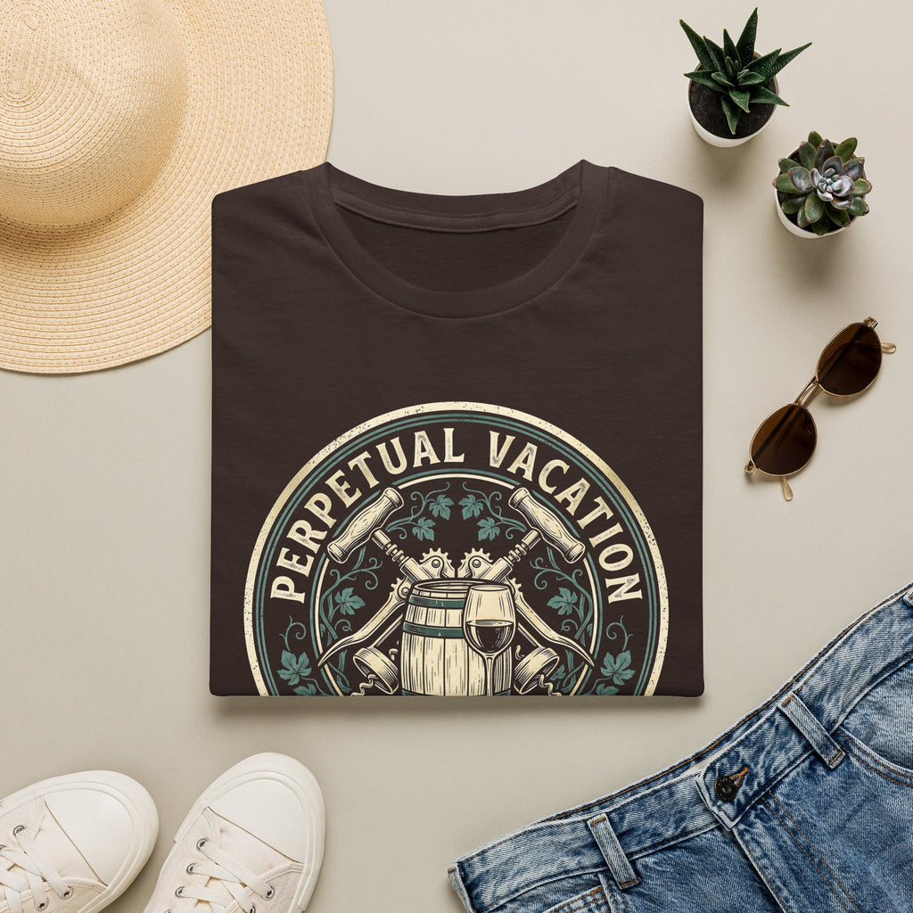 Perpetual Vacation T-Shirt — 'Crushing It' Vintage Barrel & Wine Graphic