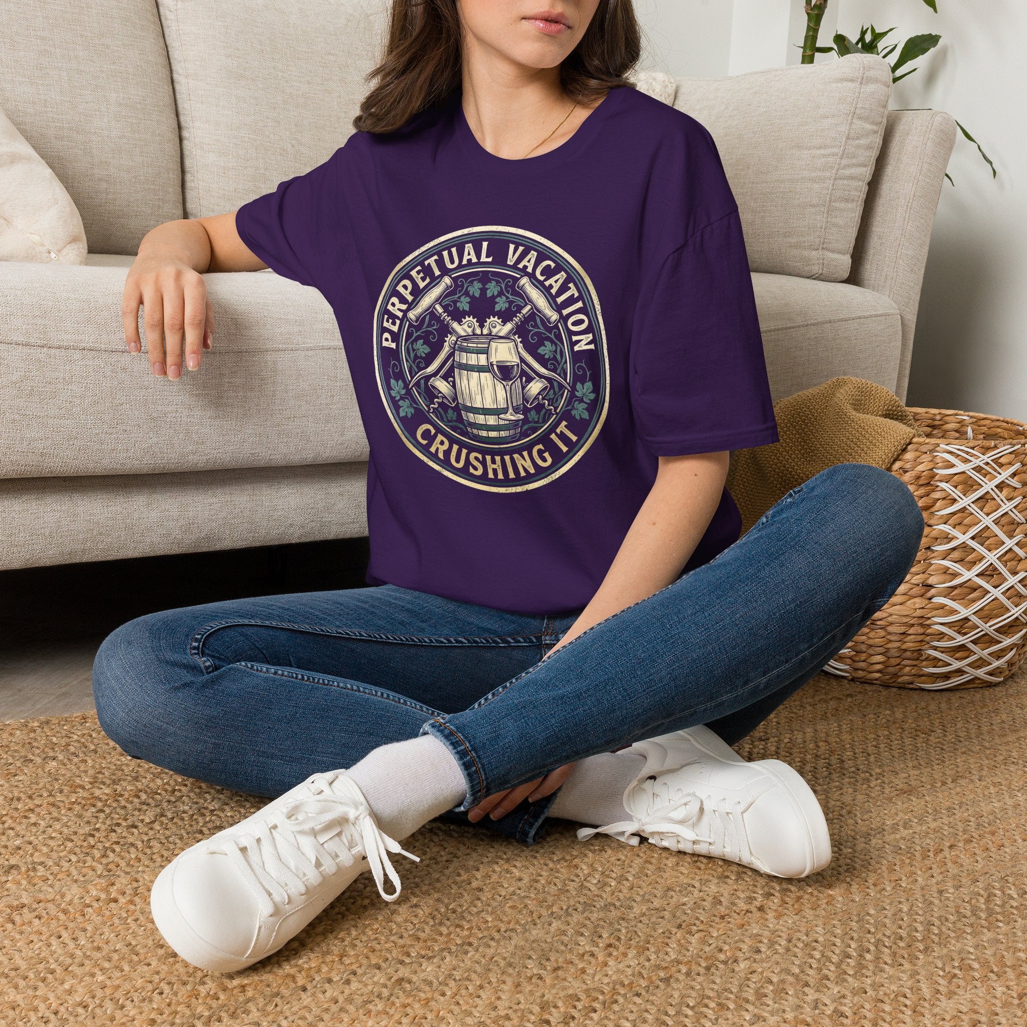 Perpetual Vacation T-Shirt — 'Crushing It' Vintage Barrel & Wine Graphic