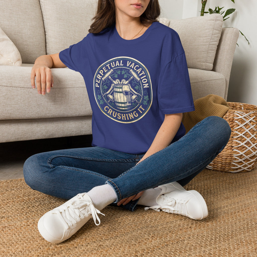 Perpetual Vacation T-Shirt — 'Crushing It' Vintage Barrel & Wine Graphic