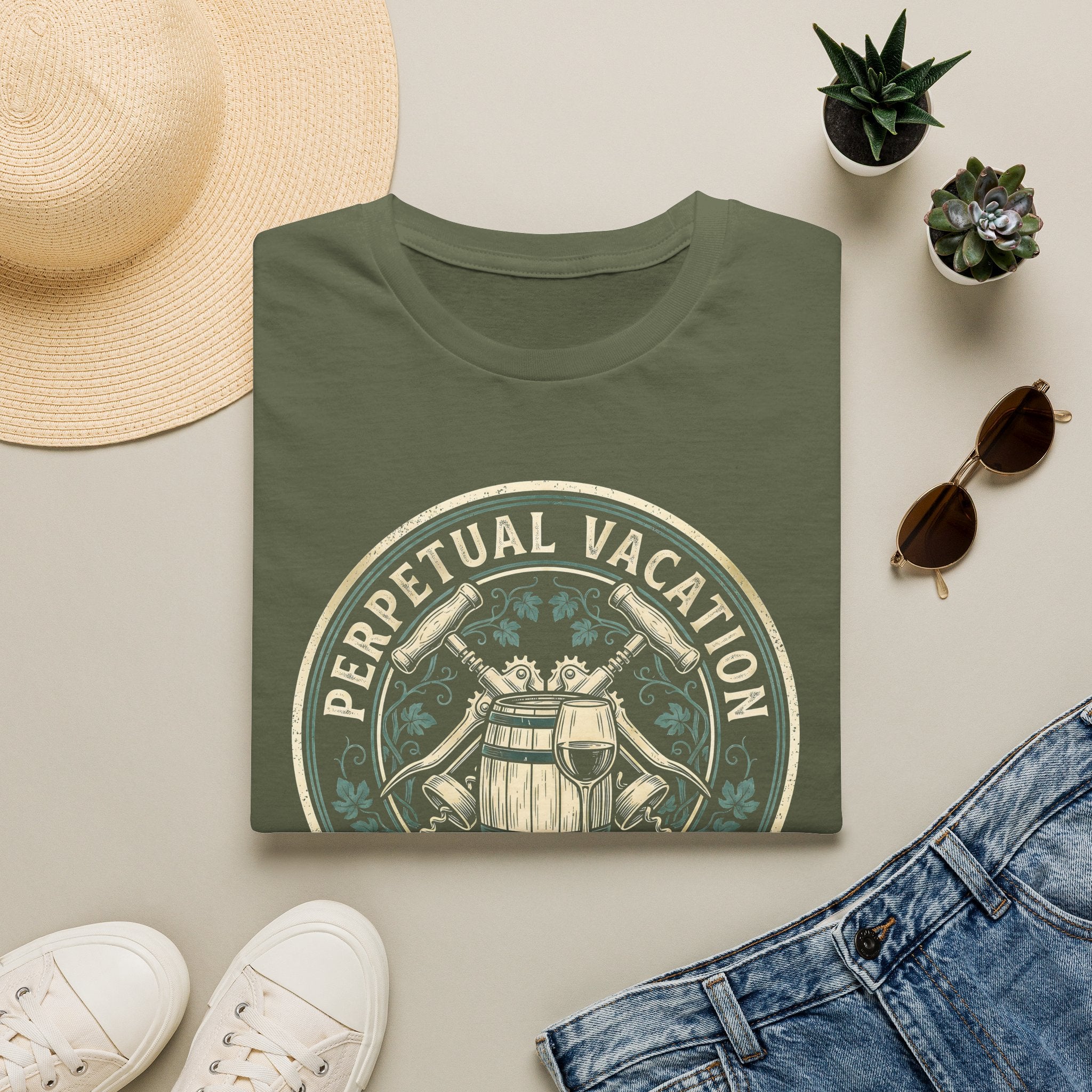Perpetual Vacation T-Shirt — 'Crushing It' Vintage Barrel & Wine Graphic