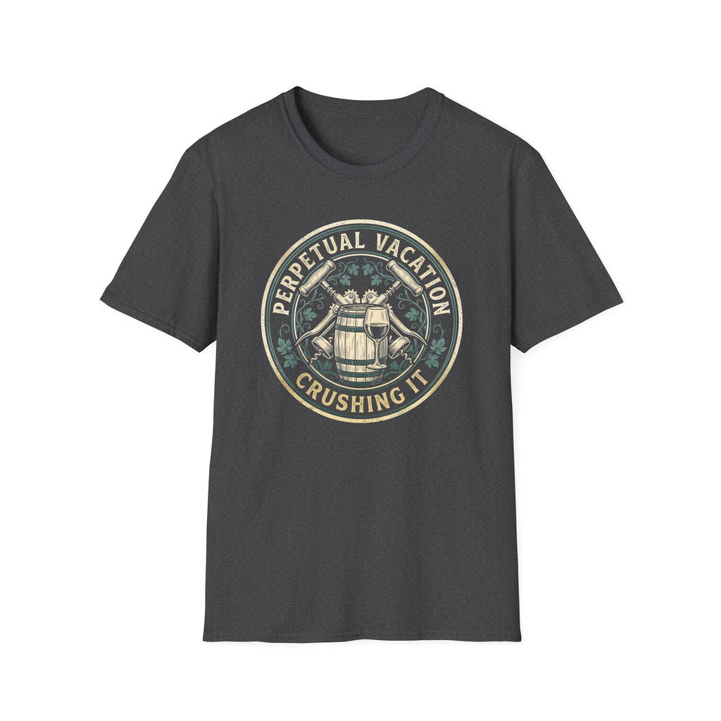 Perpetual Vacation T-Shirt — 'Crushing It' Vintage Barrel & Wine Graphic