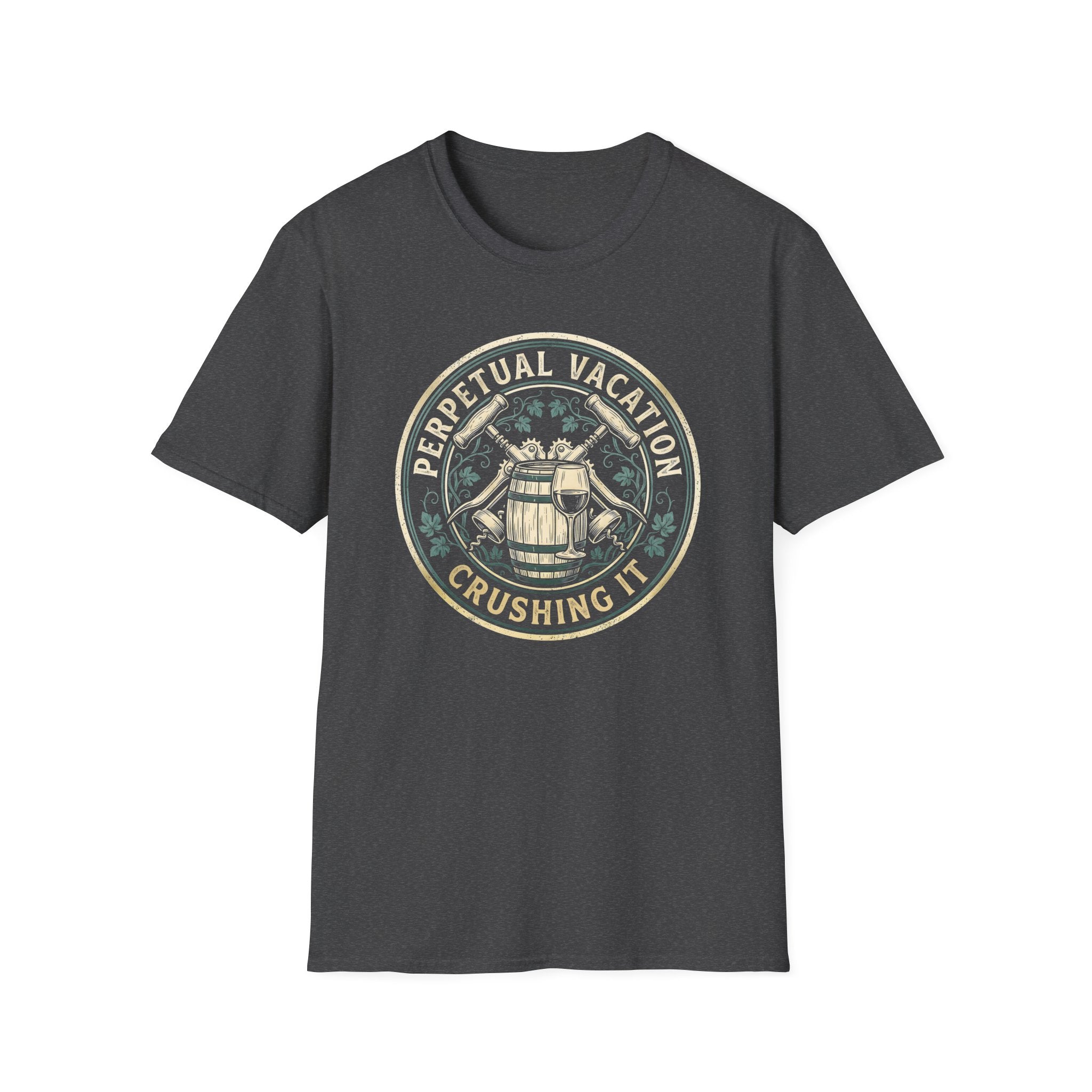 Perpetual Vacation T-Shirt — 'Crushing It' Vintage Barrel & Wine Graphic