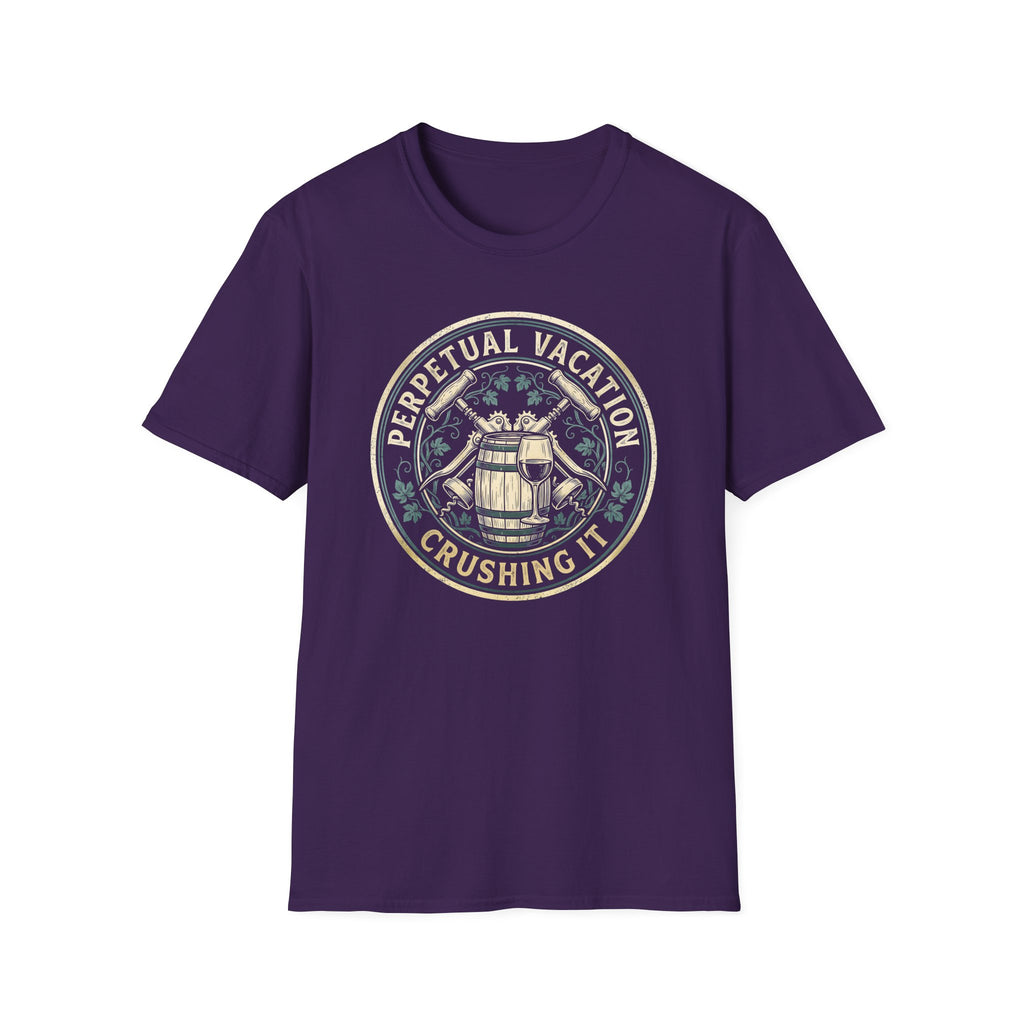 Perpetual Vacation T-Shirt — 'Crushing It' Vintage Barrel & Wine Graphic