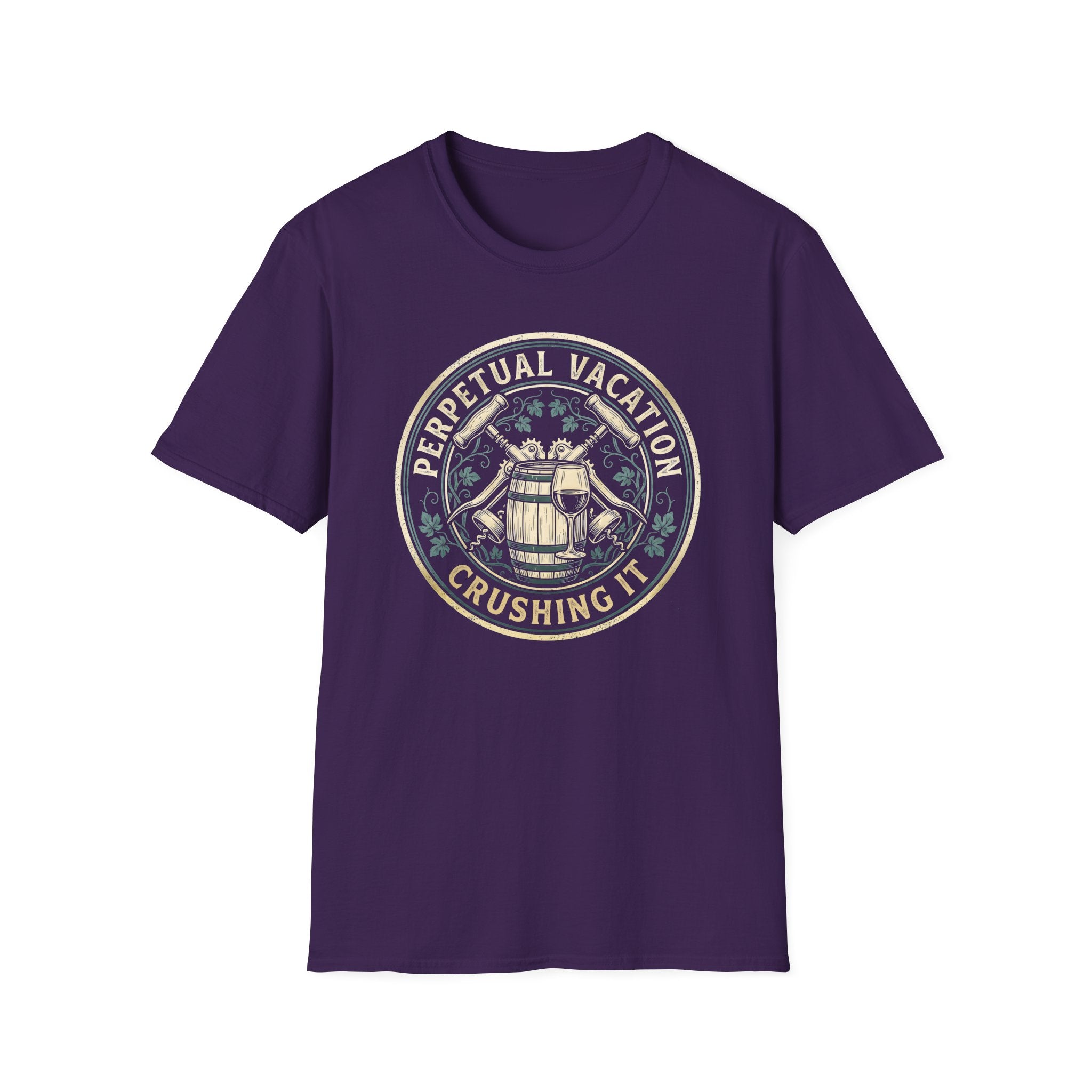 Perpetual Vacation T-Shirt — 'Crushing It' Vintage Barrel & Wine Graphic