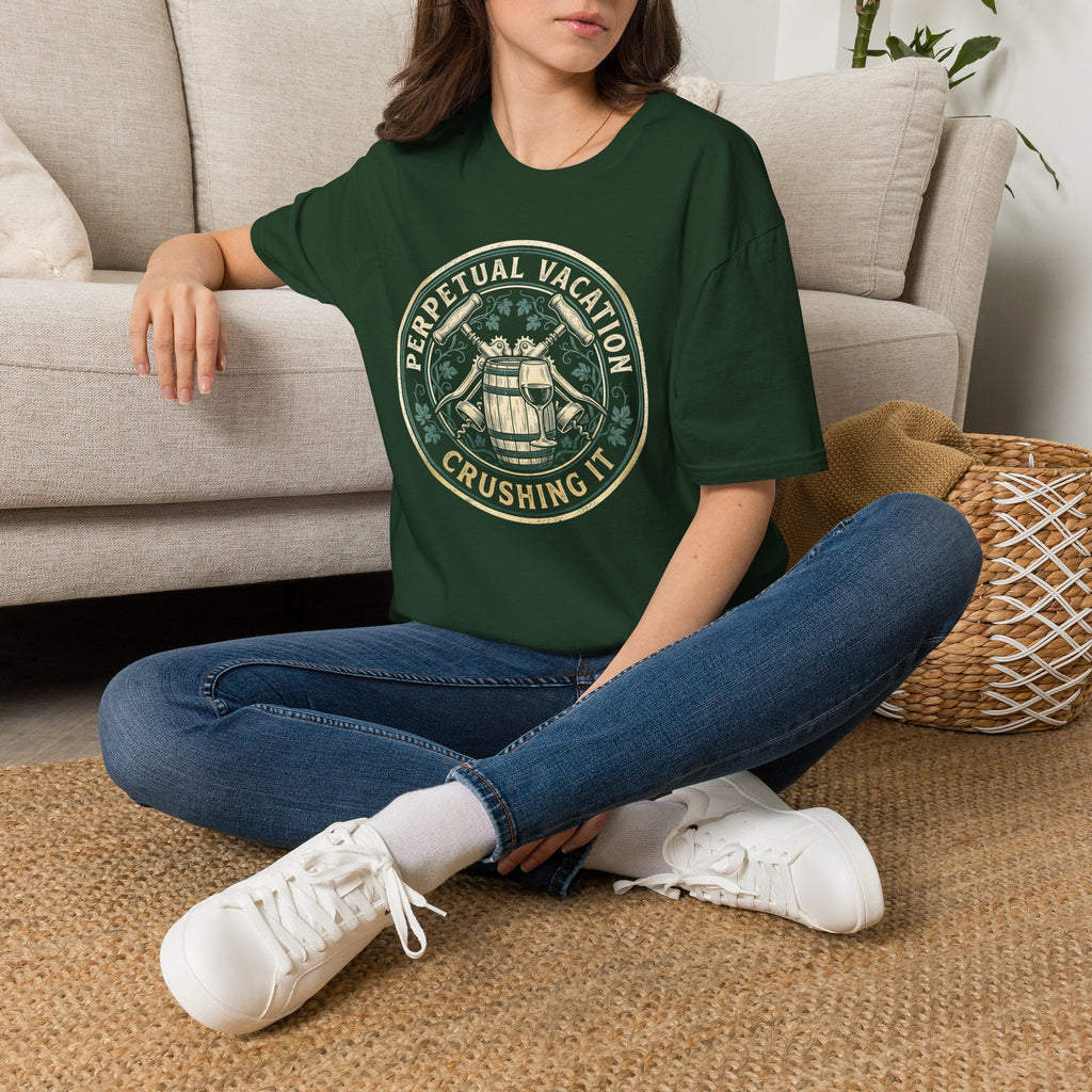 Perpetual Vacation T-Shirt — 'Crushing It' Vintage Barrel & Wine Graphic
