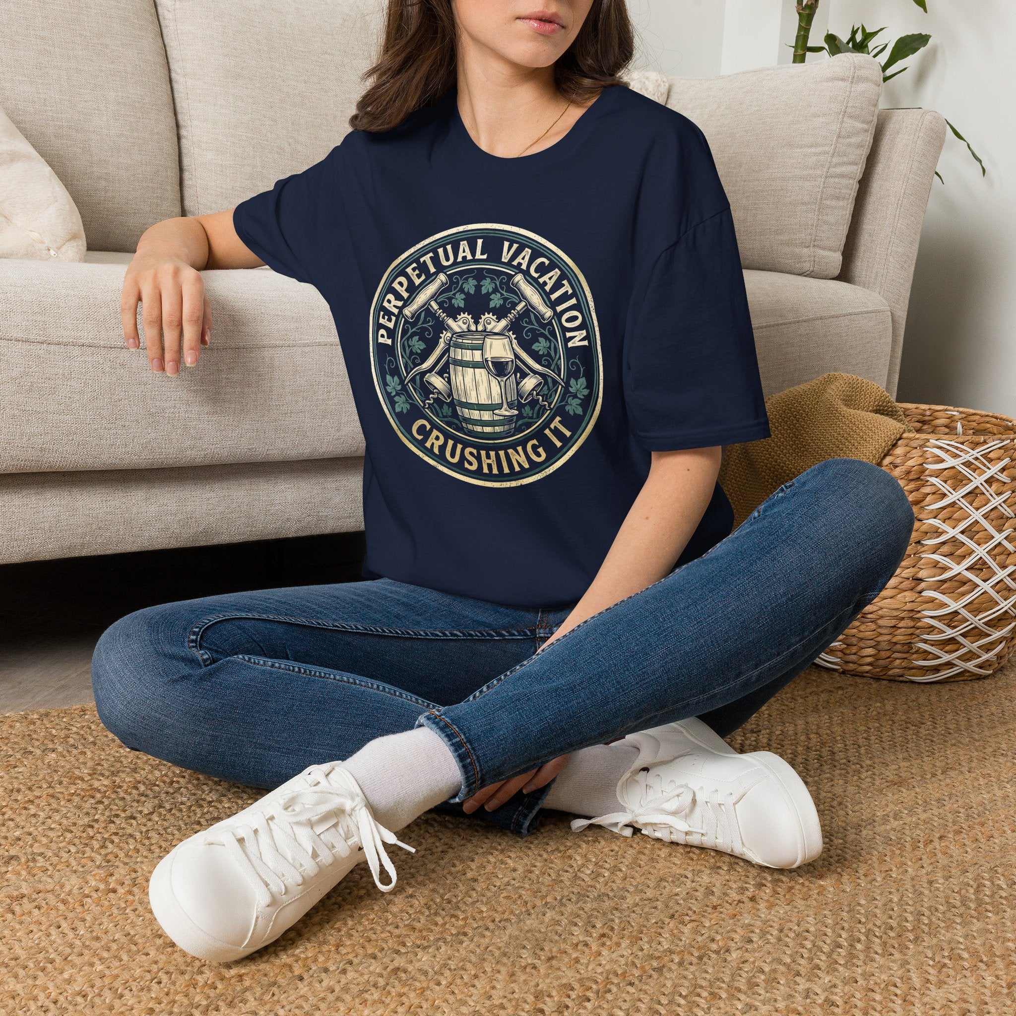 Perpetual Vacation T-Shirt — 'Crushing It' Vintage Barrel & Wine Graphic
