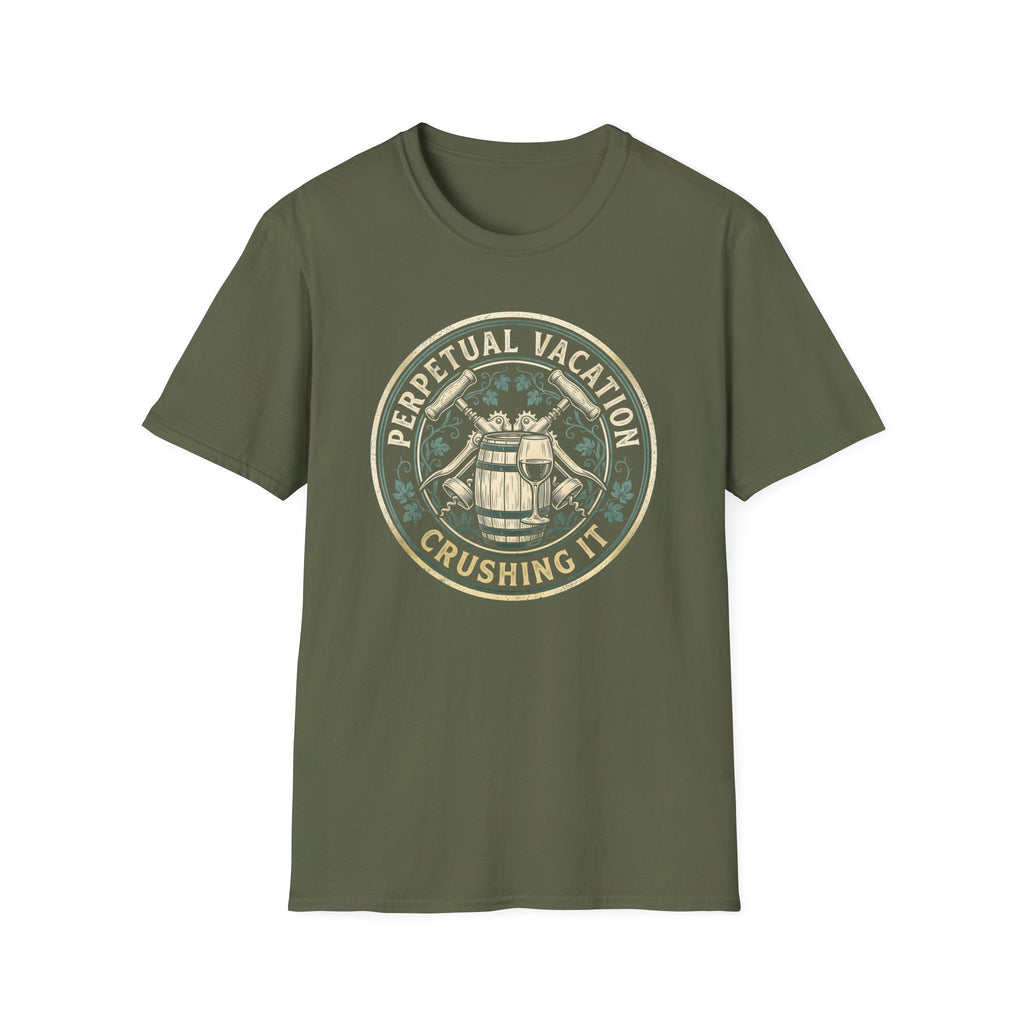 Perpetual Vacation T-Shirt — 'Crushing It' Vintage Barrel & Wine Graphic
