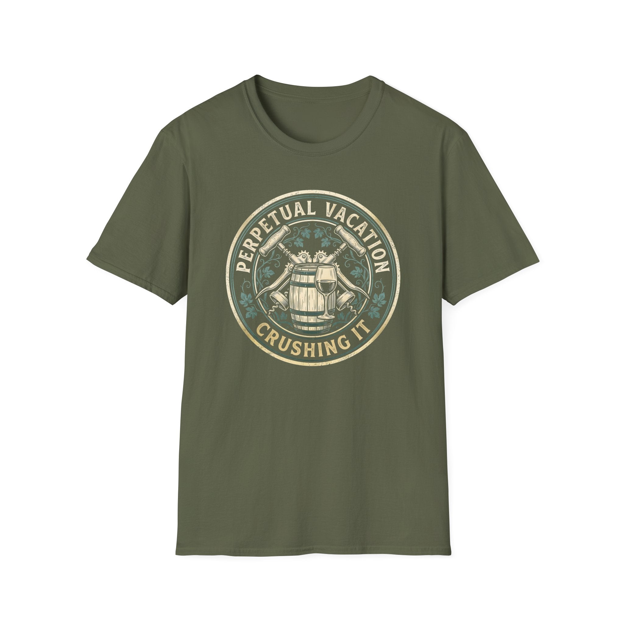 Perpetual Vacation T-Shirt — 'Crushing It' Vintage Barrel & Wine Graphic