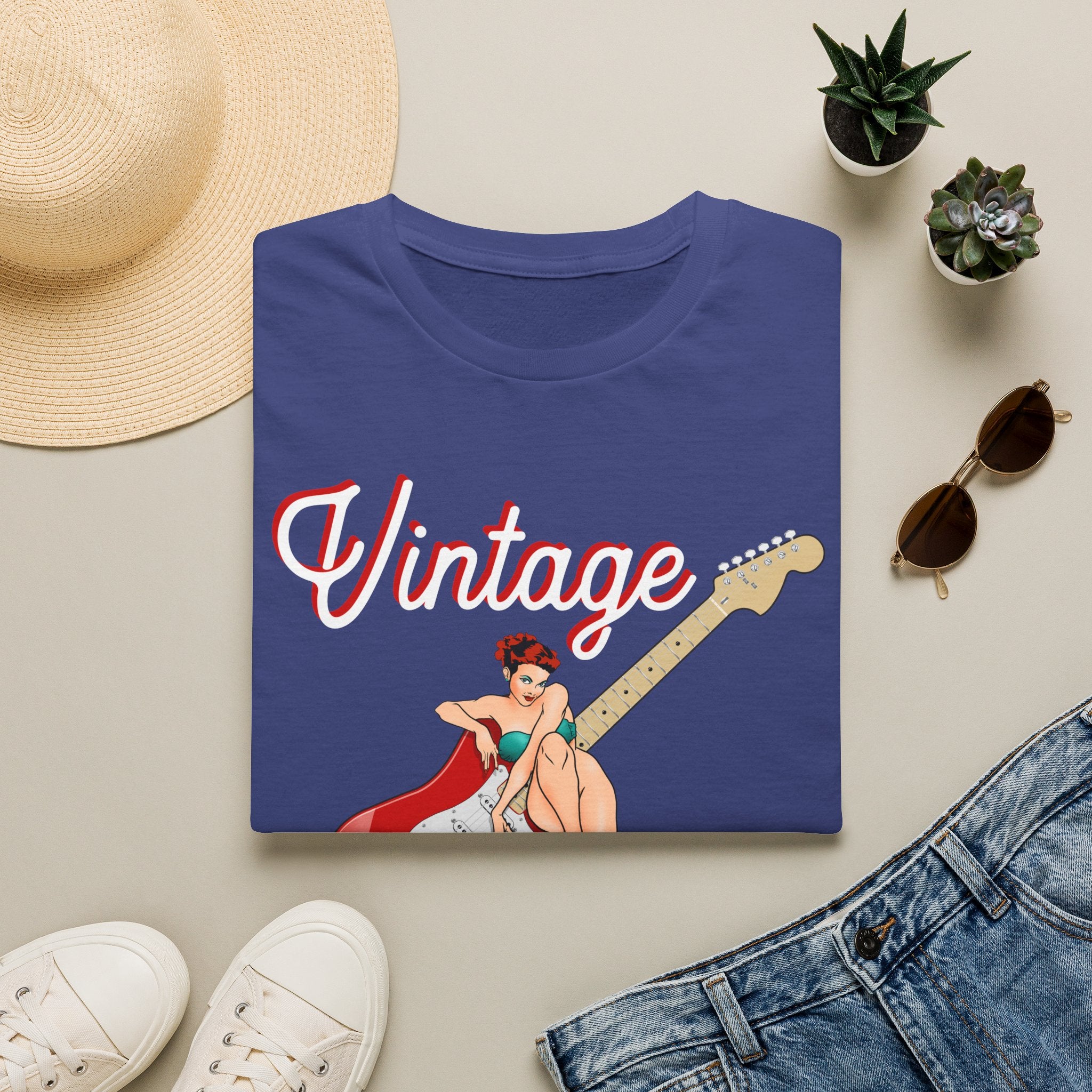 Vintage Bombshell Pin Up Girl Guitar T-Shirt