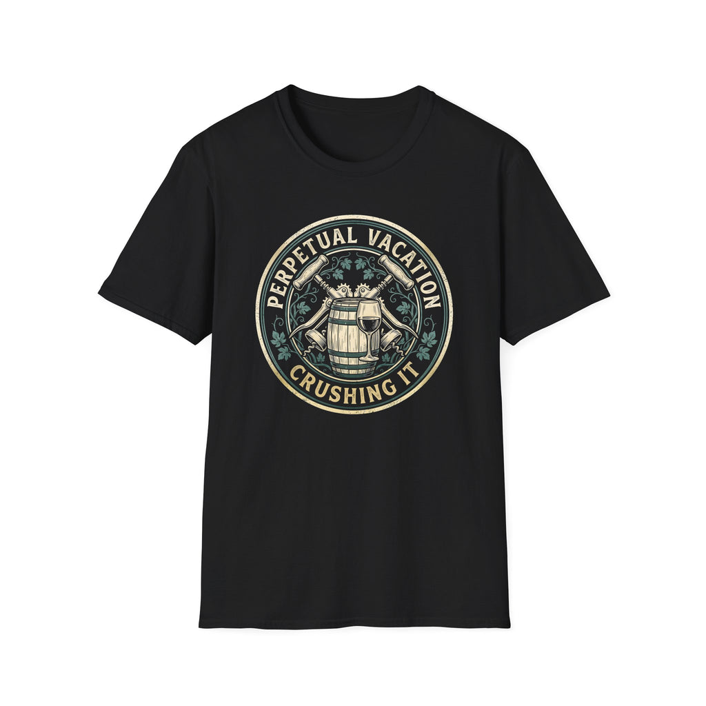 Perpetual Vacation T-Shirt — 'Crushing It' Vintage Barrel & Wine Graphic