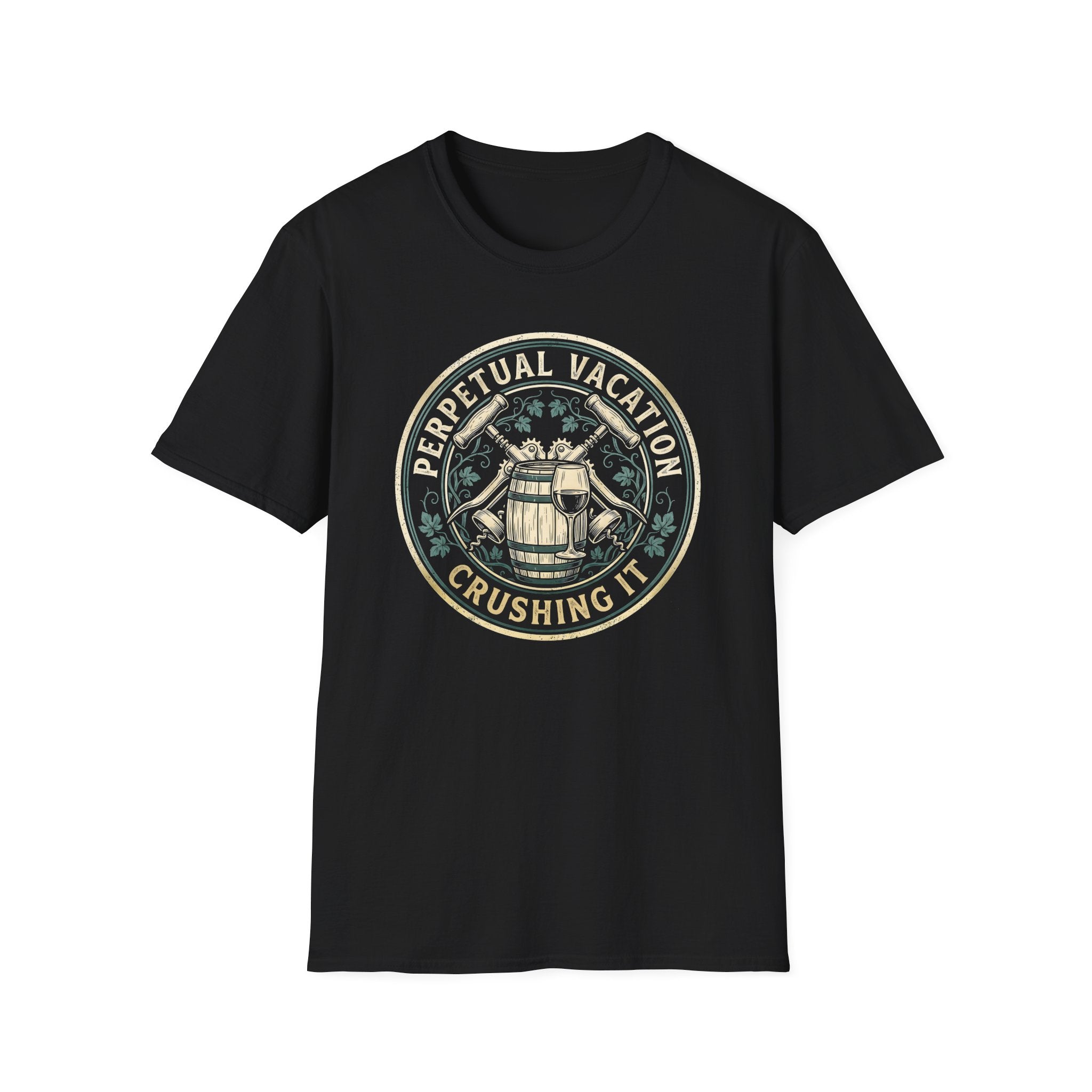 Perpetual Vacation T-Shirt — 'Crushing It' Vintage Barrel & Wine Graphic