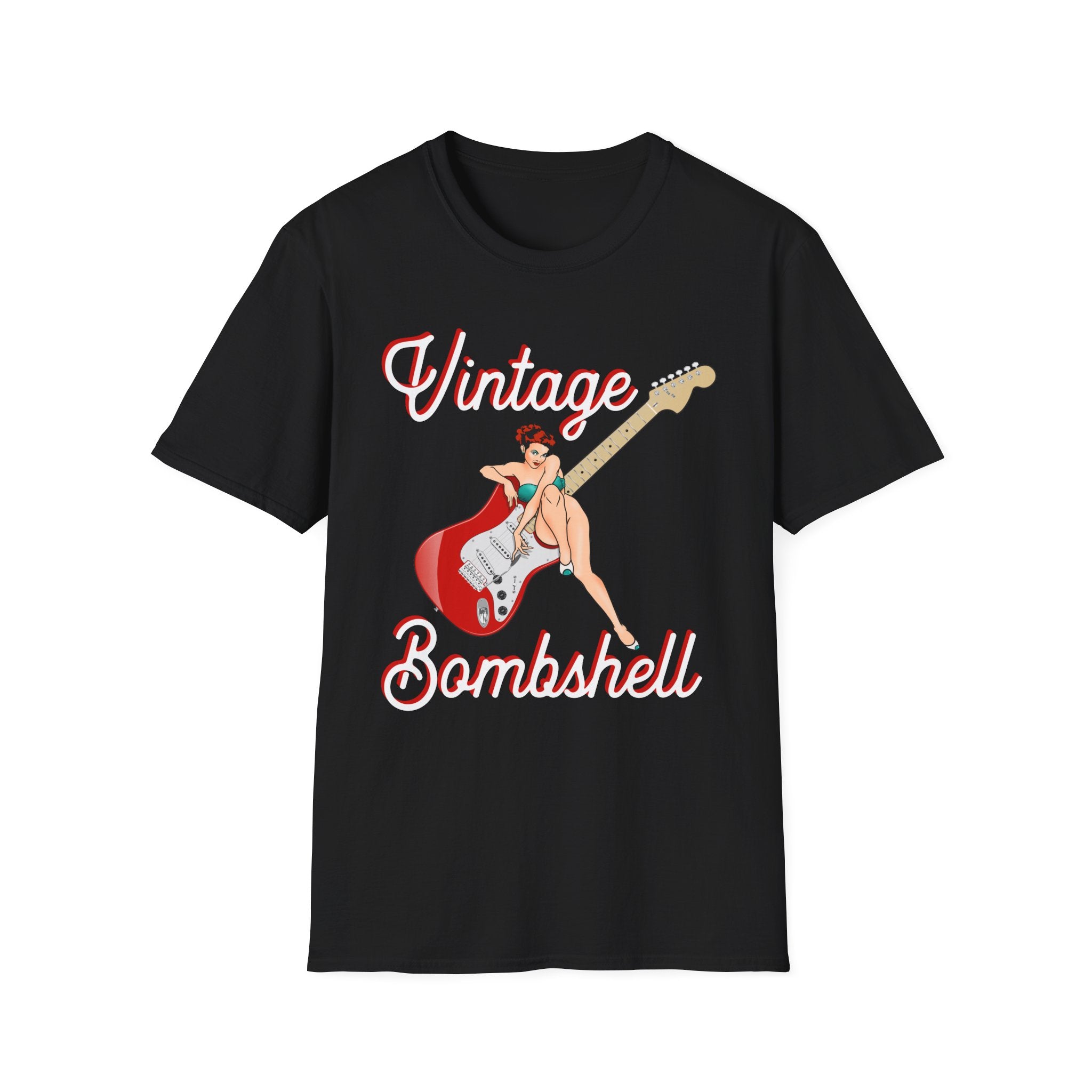 Vintage Bombshell Pin Up Girl Guitar T-Shirt