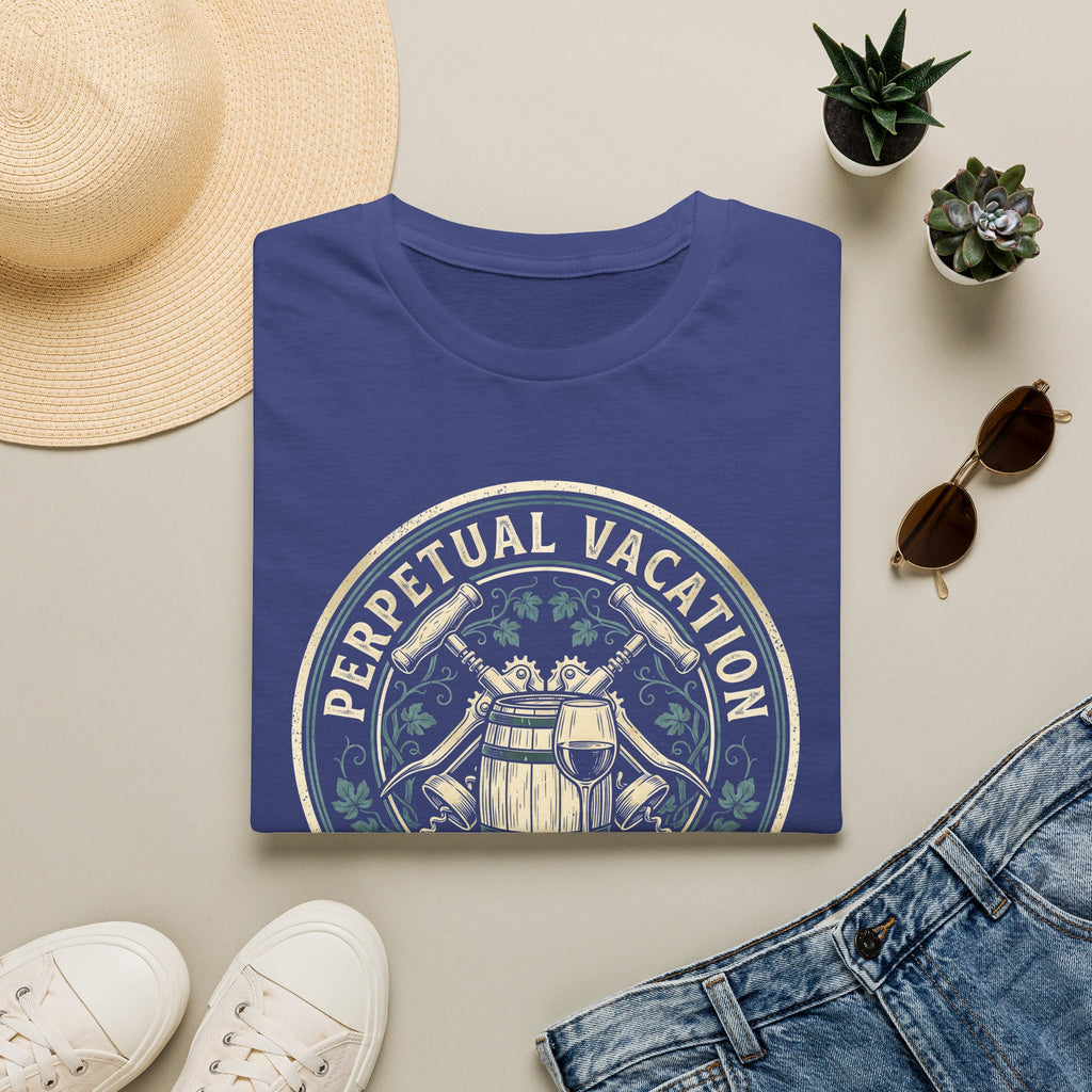Perpetual Vacation T-Shirt — 'Crushing It' Vintage Barrel & Wine Graphic
